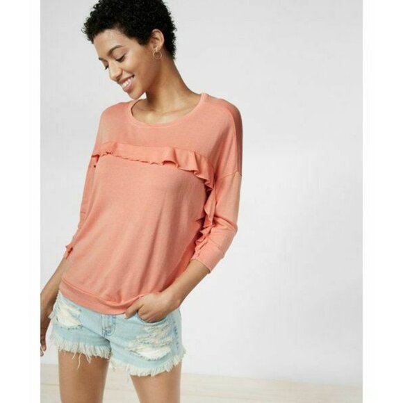 Express Sweatshirt Sz XS One Eleven Coral Peach Ruffe Yoke lightweight top (0-2) - Picture 1 of 9